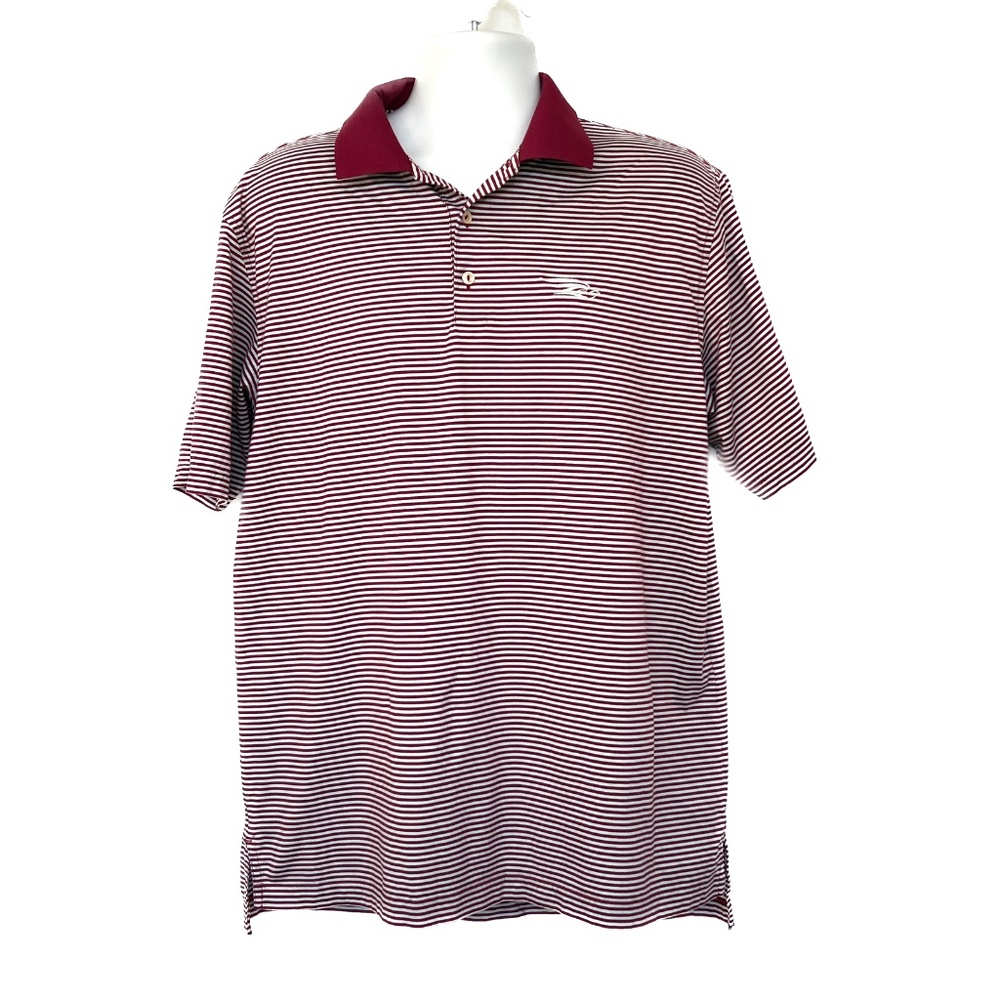PETER MILLAR Crown Polo Shirt Sz Large Red & Gray Striped 100% Cotton Side Slits